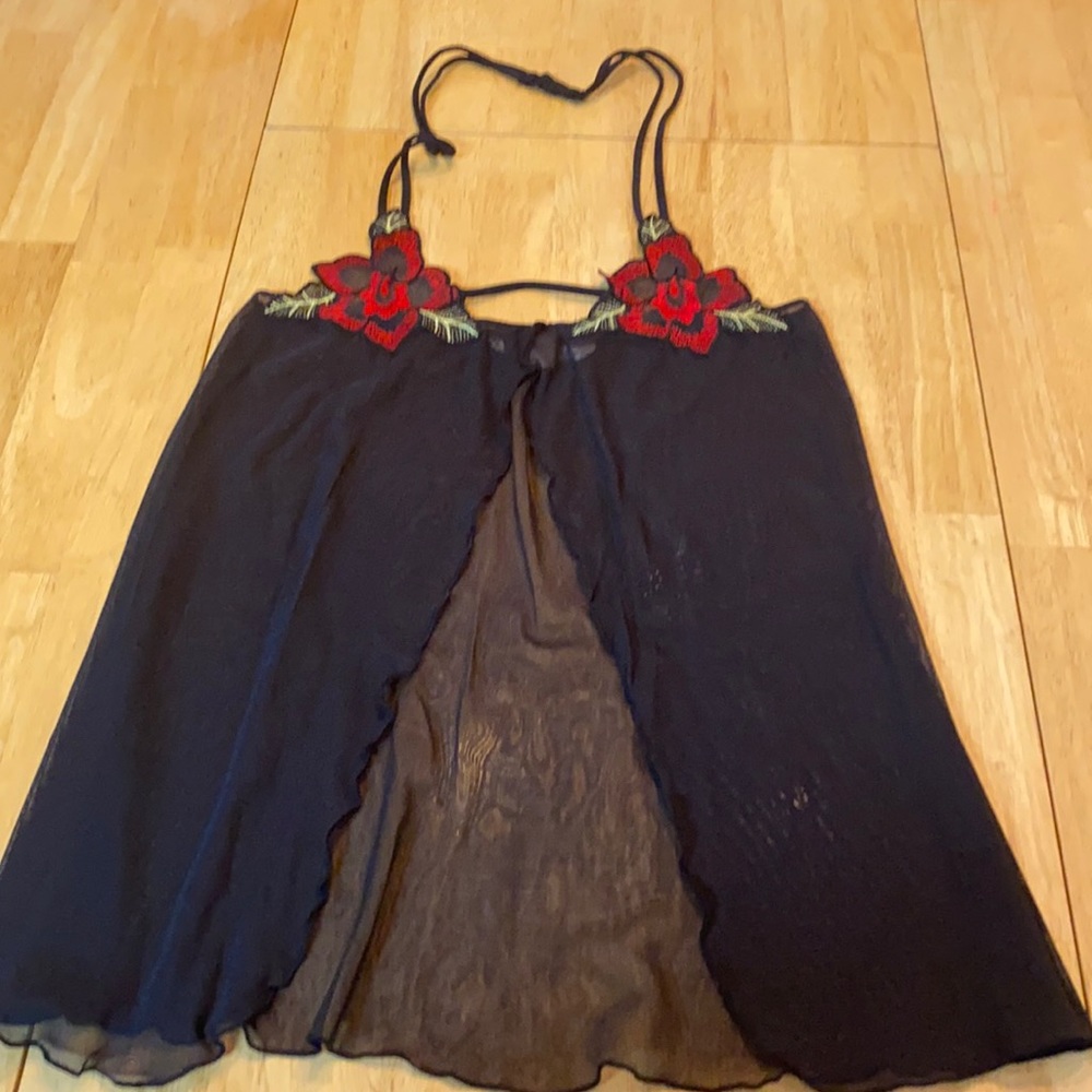 Victoria’s Secret Black with Red Floral Halter Style Open Front Lingerie